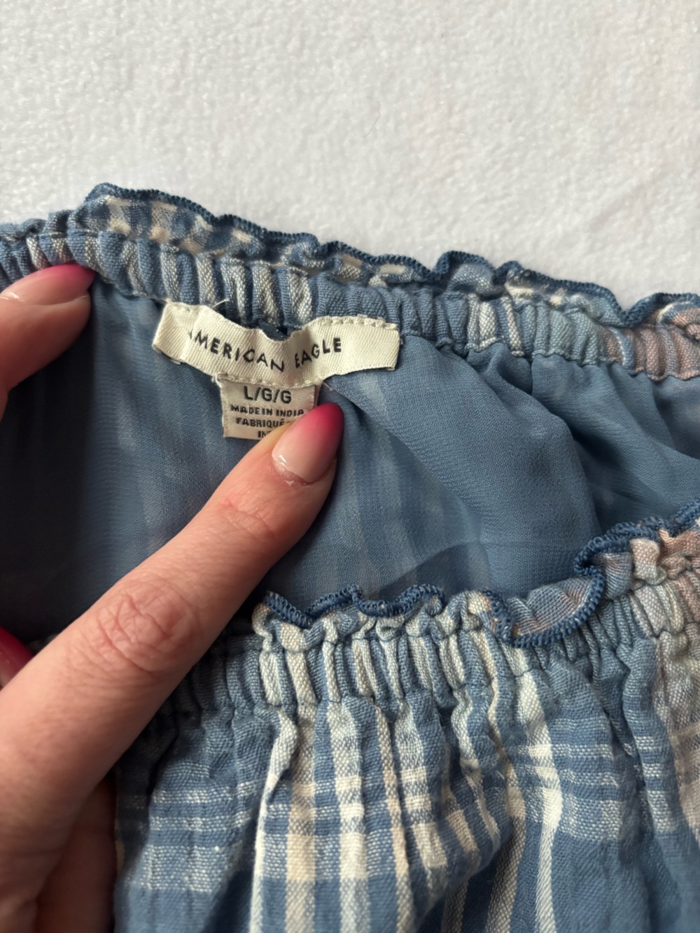 American Eagle Outfitters Blue Plaid Off-Shoulder Smocked Crop Top - Picture 5 of 6